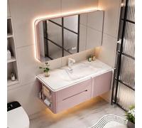 LumoHaus Mobile Bagno con Lavabo Lavatoio con Mobile Mobile Bagno Sospeso, con Lavabo Integrato e Specchio LED, Armadio Bagno con Cassetti, Salvaspazio e Facile da Montare(Pink left,140CM/55.1")