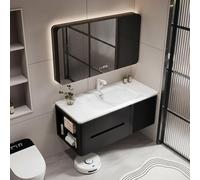 LumoHaus Mobile Bagno con Lavabo Lavatoio con Mobile Mobile Bagno Sospeso, con Lavabo Integrato e Specchio LED, Armadio Bagno con Cassetti, Salvaspazio e Facile da Montare(Black left,90CM/35.4")