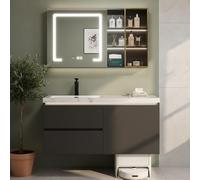 LumoHaus Mobile Bagno con Lavabo Lavatoio con Mobile Mobile Bagno Sospeso, LED a Sensore, Spazio di Archiviazione, Specchio Anti-Appannamento, Compatibile Robot Aspirapolvere(220CM/86.6IN)