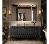 LumoHaus Mobile Bagno con Lavabo, Mobili Bagno con Lavabo e Specchio Contenitore, Arredo Bagno Completo in Legno di Quercia, Mobile da Terra con Cassetti e Ampio Spazio