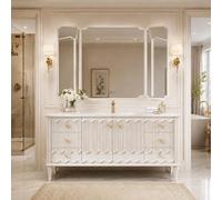 LumoHaus Mobile Bagno con Lavabo, Mobili Bagno con Lavabo e Specchio Contenitore, Arredo Bagno Completo in Legno di Quercia, Mobile da Terra con Cassetti e Ampio Spazio
