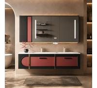 LumoHaus Mobile Bagno con Lavabo, Mobili Bagno con Lavabo Sospeso con Specchio Contenitore Smart, Arredo Bagno Completo in Rovere, Doppio Lavabo