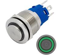 Lumonic Interruttore a pulsante in acciaio inox diametro 19mm I Con un LED anulare in colore verde Dimensioni: 2,8x0,5mm Pin 250V 3A I Antivandalo sec