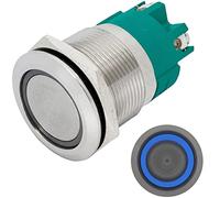 Lumonic Pulsante piatto in acciaio inox diametro 22mm I Con un LED ad anello in blu Dimensioni: Morsetto a vite 250V 3A I Antivandalismo secondo standard IP65