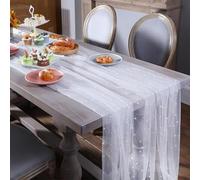 LUMOOM Runner da tavola in tulle con perline, 80 x 200 cm, in chiffon, in pizzo con perline, tovaglia per matrimoni, compleanni, festival, decorazioni per feste (bianco)