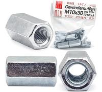 Lun Fix Manicotto filettato M10 x 30, 10 pezzi, dado esagonale DIN 6334, dado distanziatore in acciaio zincato, manicotto distanziatore per barre filettate, dado di collegamento lungo, filettatura