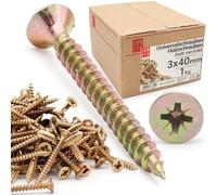 LUN FIX Vite universale, 3,0 x 40 mm, 1 kg (830 pezzi), testa piatta, viti per legno, zincate, viti multiuso, viti a croce