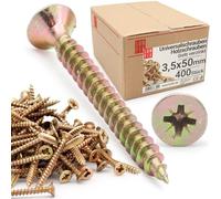 LUN FIX Vite universale, 3,5 x 50 mm, 400 pezzi, con impronta a croce PZ2, testa piatta, viti per legno, zincate in giallo, viti multiuso, viti a croce