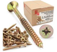 LUN FIX Vite universale, 3,5 x 60 mm, 400 pezzi, con impronta a croce PZ2, testa svasata, viti per legno, zincate in giallo, viti multiuso, viti a croce