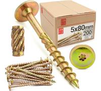 Lun Fix Viti a testa piatta, 5 x 80 cm, 200 pezzi, TX40 Torx, testa piatta con nervature per fresa, zincate, viti per legno, viti per terrazze, viti per truciolato, viti autofilettanti