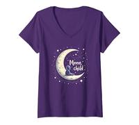 Luna Bambino Celeste Nursery Art Starry Night Decor Maglietta con Collo a V, Donna, Viola, L