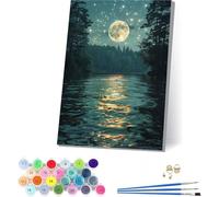 Luna Dipingere con i Numeri Adulti con Telaio, Dipingere con i Numeri Fiume, Fai da te Paint by Numbers Kits con 3 Pennelli e Pigmento Acrilico, Hobby Creativi Adulti, Decorazioni Casa 40x50cm R-4096