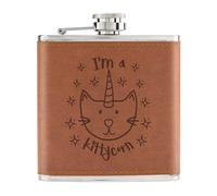 Luna I'm A Kittycorn 6oz PU Leather Hip Flask Tan - Cat Unicorn Kitten Caticorn