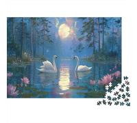 Luna piena, due eleganti cigni bianchi, fiori di loto rosa|| Puzzle Divertenti Per Tutta La Famiglia 1000pcs (75x50cm) Adulti