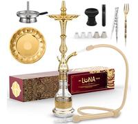 Luna Tradi Hookah - Set completo per narghilè, in metallo di alta qualità, con ciotola in vetro, testa in pietra, tubo in similpelle con bocchino, pinza, forchetta, trasparente
