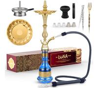 Luna Tradi Hookah - Set completo per narghilè, in metallo di alta qualità, con ciotola in vetro, testa in pietra, tubo in similpelle con bocchino, pinza, forchetta, blu