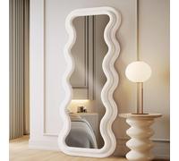 LunaMirror Specchio Ondulato, grande intero specchio da terra parete per tutto il corpo, specchio con cornice in legno avvolto in flanella, da appoggiare, da appendere o inclinare, bianco, 160x60 CM