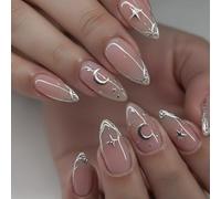 LunarCharm 24 pezzi di unghie acriliche a forma di mandorla media - Design brillante con stelle e luna argentate per un look incantevole ispirato al cielo notturno - Autoadesivo