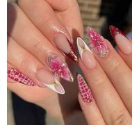 LunarCharm 24 pezzi di unghie acriliche riutilizzabili - Forma corta a mandorla con punta francese e motivo floreale 3D in rosa, design lucido e dolce per l'estate