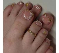 LunarCharm 24 pezzi di unghie artificiali da applicare - French-Tips con design floreale estivo e stella marina, unghie acriliche per manicure e pedicure femminili