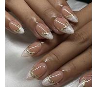 LunarCharm 24 pezzi unghie finte a mandorla corte con design a linee dorate 3D, unghie press-on tipo french bianche, manicure decorativa