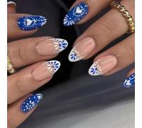LunarCharm 24 Pezzi Unghie Finte Blu e Bianche con Totem, French Tip, Unghie Artificiali, Unghie Corte a Mandorla con Design Cuore, Adesive