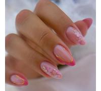 LunarCharm 24 Pezzi Unghie Press-on Rosa Pesca con Linee Dorate, Corte a Mandorla, Punta Francese Rosa, Unghie Acriliche Lucide Copertura Totale per Donne Fai da Te