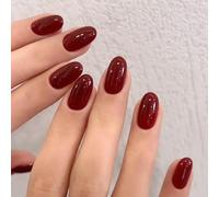LunarCharm 24 unghie finte ovali con linguette adesive, lima, tampone di preparazione, bastoncini per manicure, colore: rosso ciliegia