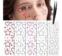 LunarCharm 5 fogli di pietre per il viso, strass per il viso, cuore stella, pietre per capelli autoadesive, adesivi gioiello per festival da attaccare, pietre per il viso per bambini e donne