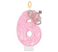 LunarCharm Candele di Compleanno Rosa - Candela con Numeri Luccicanti per 6° Festa di Compleanno con Corona, Numero 6, per Torte, Cupcake, Decorazioni per Feste, anniversari