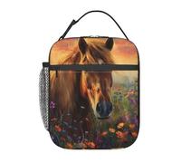 Lunch Bag Horse Nature Art Sunset Meadow Wildflowers Pattern Porta Pranzo Isolierte Organizer Termico Riutilizzabile Borsa Termica Per Campeggio Scuola Donna Uomo