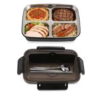 Lunch Box, 4 Scomparti Porta Pranzo Portatile in Acciaio Inossidabile Per Alimenti, Contenitori Per Alimenti Bento Box Antiscivolo Multifunzionali a Tenuta Stagna con Bacchette, Cucchiaio(Nero)