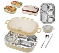 Lunch box in acciaio inossidabile adatto al microonde, contenitore termico, contenitori for il pranzo con coperchi, scomparti, ciotola for zuppa, cucchiaio, forchetta e borsa.(Yellow,Five grids)