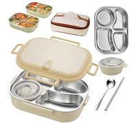 Lunch box in acciaio inossidabile adatto al microonde, contenitore termico, contenitori for il pranzo con coperchi, scomparti, ciotola for zuppa, cucchiaio, forchetta e borsa.(Yellow,Four grids)
