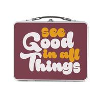 Lunch Box in metallo argentato per sandwich e snack - See Good in All Things Tipografia Message 70's Hippie Amour Self Love Positive - Scatola da gustare in alluminio ciotola rigida in stile retrò