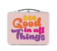 Lunch Box in metallo argentato per sandwich e snack - See Good in All Things Tipografia Message 70's Hippie Amour Self Love Positive - Scatola da gustare in alluminio ciotola rigida in stile retrò