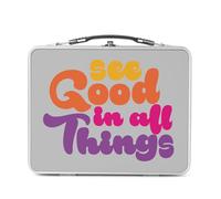 Lunch Box in metallo argentato per sandwich e snack - See Good in All Things Tipografia Message 70's Hippie Amour Self Love Positive - Scatola da gustare in alluminio ciotola rigida in stile retrò