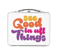 Lunch Box in metallo argentato per sandwich e snack - See Good in All Things Tipografia Message 70's Hippie Amour Self Love Positive - Scatola da gustare in alluminio ciotola rigida in stile retrò