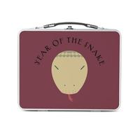 Lunch Box in metallo argentato per sandwich e snack - Year of the Snake Animated Chinese Astrology Sign Zodiac Horoscope Drawing Animal - Scatola da gustare in alluminio ciotola rigida in stile retrò