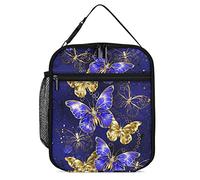 Lunch box isolato Porta pranzo con gioielli blu e oro Farfalle Piccola borsa da pranzo Sfondo blu Termico riutilizzabile Pranzo da lavoro Cooler per uomo Donna Ufficio