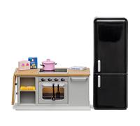 LUNDBY Casa delle Bambole Mobili Cucina Isola - Fornello + Frigo - 10 Pezzi Accessori per Casa delle Bambole 11cm Mini Bambole Età 4+ Scala 1:18