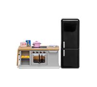 LUNDBY Casa delle Bambole Mobili Cucina Isola - Fornello + Frigo - 10 Pezzi Accessori per Casa delle Bambole 11cm Mini Bambole Età 4+ Scala 1:18