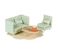LUNDBY Mobili per casa delle bambole, set divano lounge con tavolo | Mobili in miniatura con divano in 3 pezzi, tavolo in legno a forma di nuvola, tappeto floreale e piante