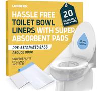 Lunderg Fodere per WC con cuscinetti super assorbenti al limone, confezione convenienza, 20 sacchetti igienici usa e getta, misura universale, converte qualsiasi WC in un lavaggio a secco
