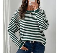 LUNE Maglione con Spalle Cadenti e Bordo Colorblock Verde e Bianco, Top a Maniche Lunghe Autunno/Inverno Casual Scolastico Preppy L,M,S,XL,XSA strisceMaglieria