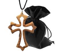 Lunexus Ciondolo a forma di croce in legno d'ulivo realizzato a mano in Betlemme con nastro nero 80 cm e sacchetto di velluto benedetto con certificato collana religiosa regalo battesimo comunione