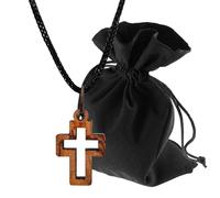 Lunexus Ciondolo a forma di croce piccolo in legno d'ulivo realizzato a mano in Betlemme con nastro nero 80 cm e sacchetto di velluto benedetto con certificato collana discreta regalo battesimo