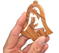 Lunexus Ciondolo in legno d'ulivo a campana con scena presepe - fatto a mano in Betlemme - Beato albero di Natale e etichetta regalo della Terra Santa - Include nastro in oro da 20 cm e certificato