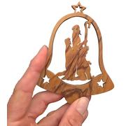 Lunexus Ciondolo in legno d'ulivo a forma di campana con famiglia sacra - realizzato a mano in Betlemme - Beato albero di Natale e etichetta regalo della Terra Santa - Include nastro in oro e argento