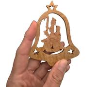 LUNEXUS Ciondolo in legno d'ulivo a forma di campana con famiglia sacra - realizzato a mano in Betlemme - Beato albero di Natale e etichetta regalo della Terra Santa - Include nastro in oro e argento